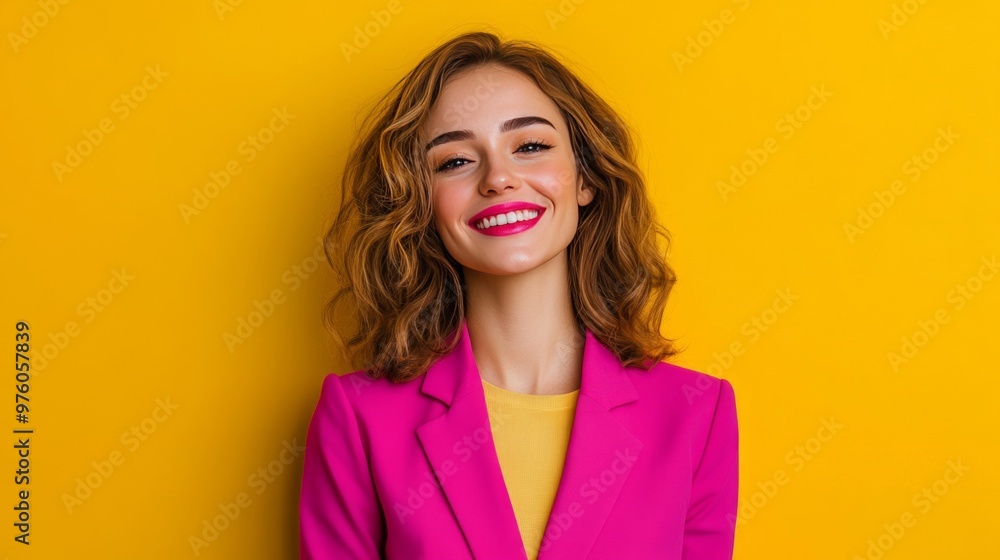 Smiling woman in a pink blazer and yellow shirt on a yellow background. Smiling woman in a pink blazer and yellow shirt on a yellow background.