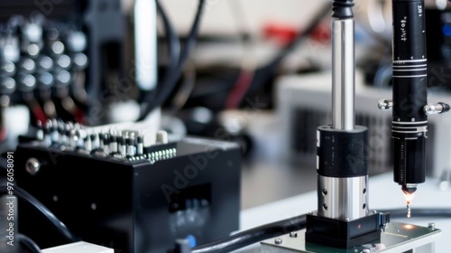 Close-up of professionalsoldering iron and electroniccomponents on workbench.glowing ready for use, circuitboards in background.technical repair andelectronics assembly concept photo