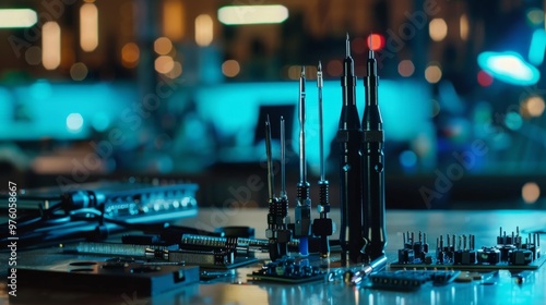 Close-up of professionalsoldering iron and electroniccomponents on workbench.glowing ready for use, circuitboards in background.technical repair andelectronics assembly concept photo