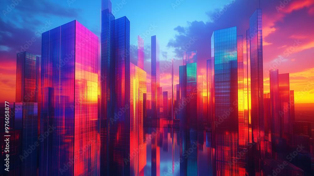 Glowing Futuristic Skyscrapers Reflecting The Sunset in a Sci-Fi City Glowing Futuristic Skyscrapers Reflecting The Sunset in a Sci-Fi City