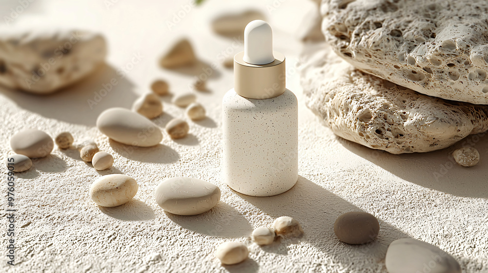 Matte Beige Skincare Bottle with Pebbles in a Calm, Spa-Like Setting Matte Beige Skincare Bottle with Pebbles in a Calm, Spa-Like Setting