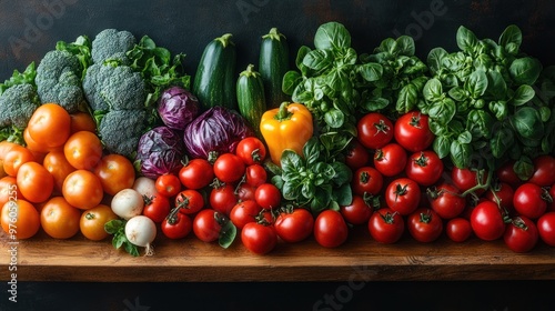 Vibrant assortment of fresh vegetables arranged on a wooden surface.