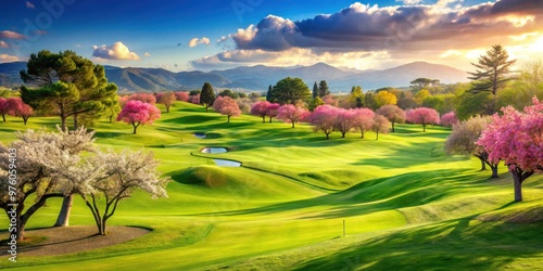 Lush green golf course surrounded by fruit trees and flowers