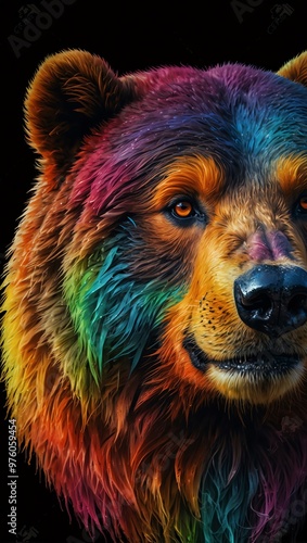 Colorful bear head vector on a black background with rainbow gradients