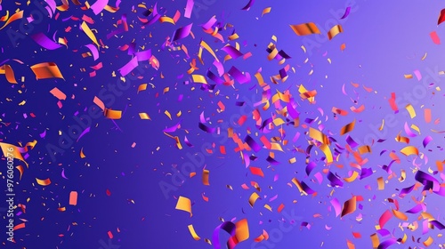 Colorful confetti and streamers floating in the air on a purple background. The concept of a holiday, party or special event. photo