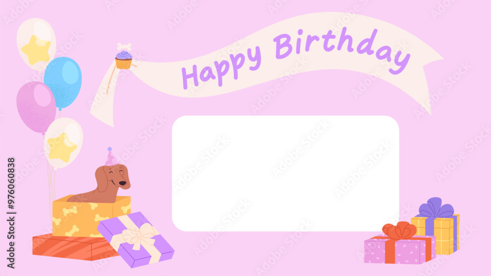 Birthday card template with empty space for congratulations writing. Cute dogs gift boxes and balloons. Party puppies, decorative vector template design Birthday card template with empty space for congratulations writing. Cute dogs gift boxes and balloons. Party puppies, decorative vector template design