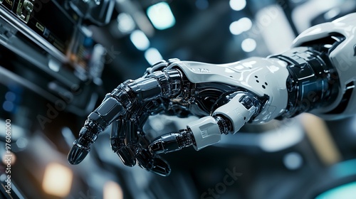 A close-up view of a robotic hand showcasing advanced technology and design.