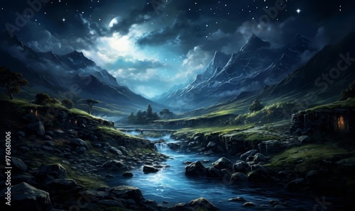 A magical illustration of a fairy glen under a starfilled indigo sky photo