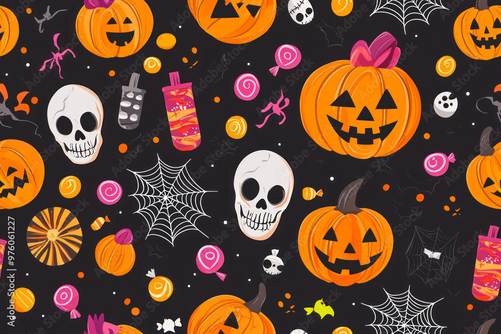 Halloween seamless pattern. Pumpkins, spider web, candies, skulls. Spooky night backdrop. Cute Halloween background. Halloween seamless pattern. Pumpkins, spider web, candies, skulls. Spooky night backdrop. Cute Halloween background.