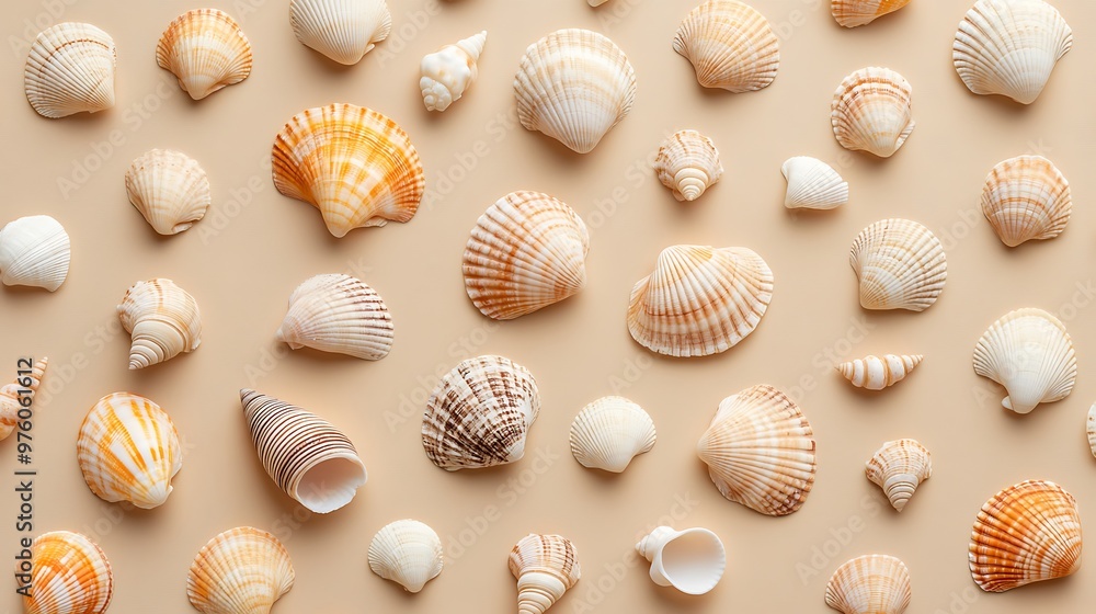 Tranquil Seashell Arrangement on Sandy Background - Minimalist Symmetrical Flat Lay Pattern in High Resolution Tranquil Seashell Arrangement on Sandy Background - Minimalist Symmetrical Flat Lay Pattern in High Resolution