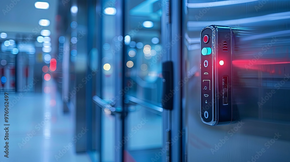 Security Control Panel with Red and Green Lights in a Modern Setting Security Control Panel with Red and Green Lights in a Modern Setting