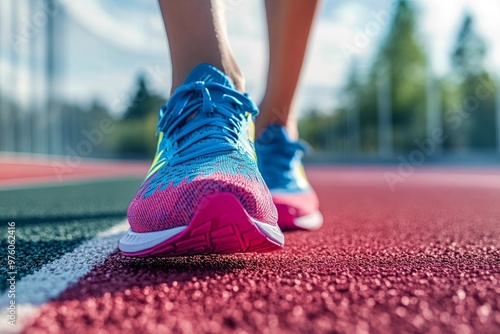 Close-up of a new pair of running shoes on a track, vibrant colors, sporty and energetic