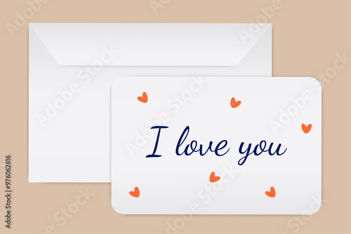 Romantic card with I love you message and small heart illustrations on a simple white background with envelope