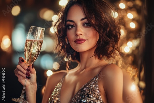 Elegant woman in a cocktail dress toasting with champagne at a party, festive and sophisticated atmosphere