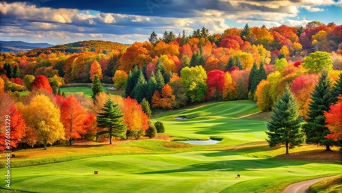 Scenic view of a golf course in autumn with vibrant green fairways and colorful foliage photo