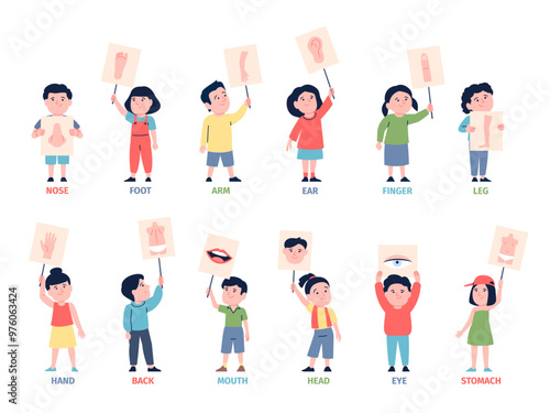 Kids pointing body parts. Little children holding placards with ear arm mouth head finger hand and other human part. Education recent vector characters