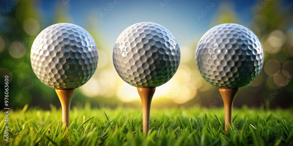 Three golf balls placed on a tee in a neat arrangement Three golf balls placed on a tee in a neat arrangement