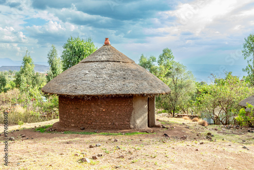Traditional ethiopian village with thatch roof stone round house, Lalibela, Amhara Region, Ethiopia.