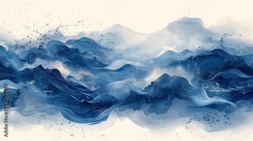 Blue brush stroke texture with Japanese ocean wave pattern in oriental style. Abstract art landscape banner design with watercolor texture vector. Hand drawn line