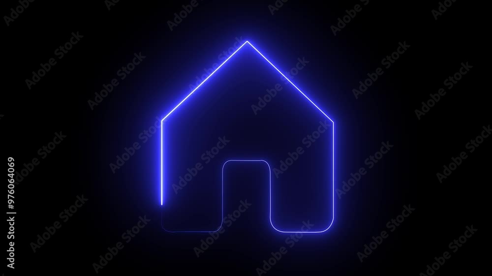 Home button icon animation by blue color neon on black background. Home button icon animation by blue color neon on black background.