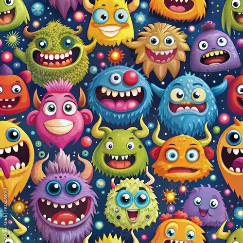 Colorful cartoon monster seamless pattern design for playful backgrounds. Generative AI