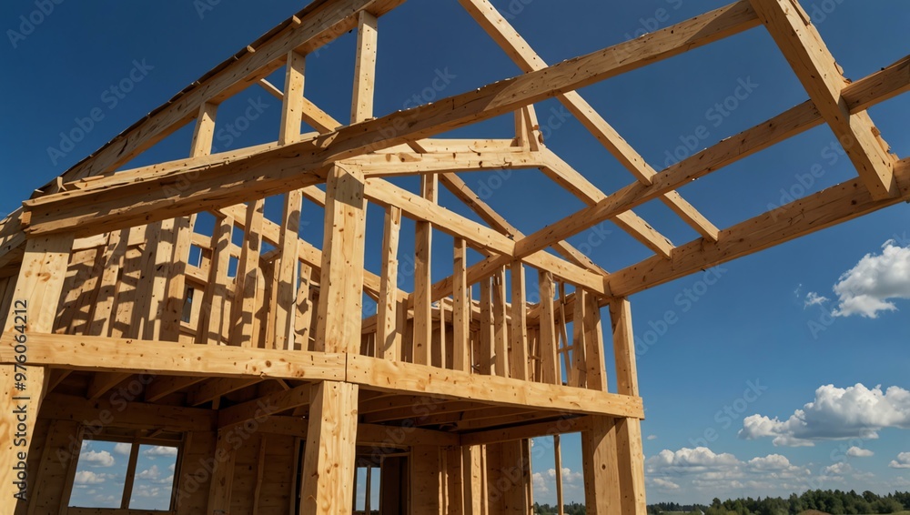 Construction of a wooden house under bright skies. Construction of a wooden house under bright skies.