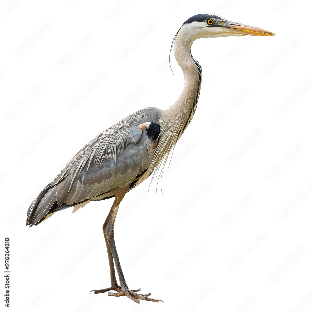 Fototapeta premium A great blue heron standing gracefully with its long legs extended near the water during bright daylight hours