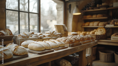 Artisan Bakery Filled With Fresh Baked Bread Loaves Sunlit Through Large Windows