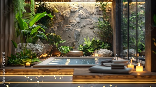 Relaxing Outdoor Spa with Lush Greenery and Warm Lighting photo