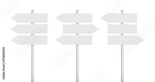 Three white street signs with arrows pointing in different directions