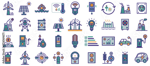 A collection of 36 colorful energy icons representing renewable resources, technology, and environmental sustainability. Editable. Part 1
