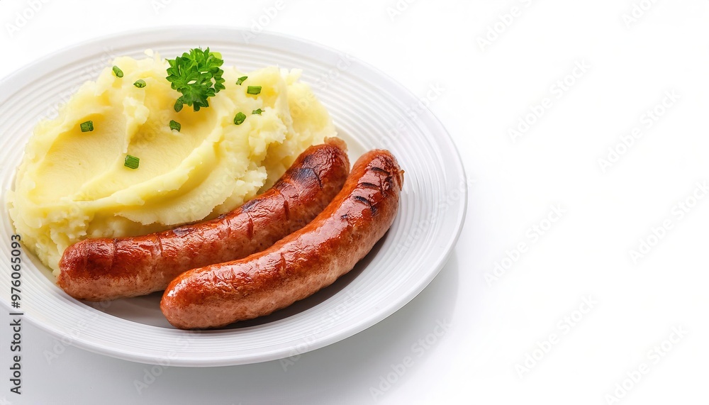 Bangers and mash meat sausages with mashed potatoes with Herbs commonly served with a side of Gravy. It is a traditional British dish. Isolated on white background with copy space. Pub grub food Bangers and mash meat sausages with mashed potatoes with Herbs commonly served with a side of Gravy. It is a traditional British dish. Isolated on white background with copy space. Pub grub food