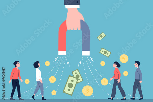 Attracting customers and money. Hand holding magnete and attracts consumers. Marketing, business strategy, digital traffic and service recent vector concept