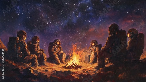 Astronauts gather around a campfire under a starry sky.