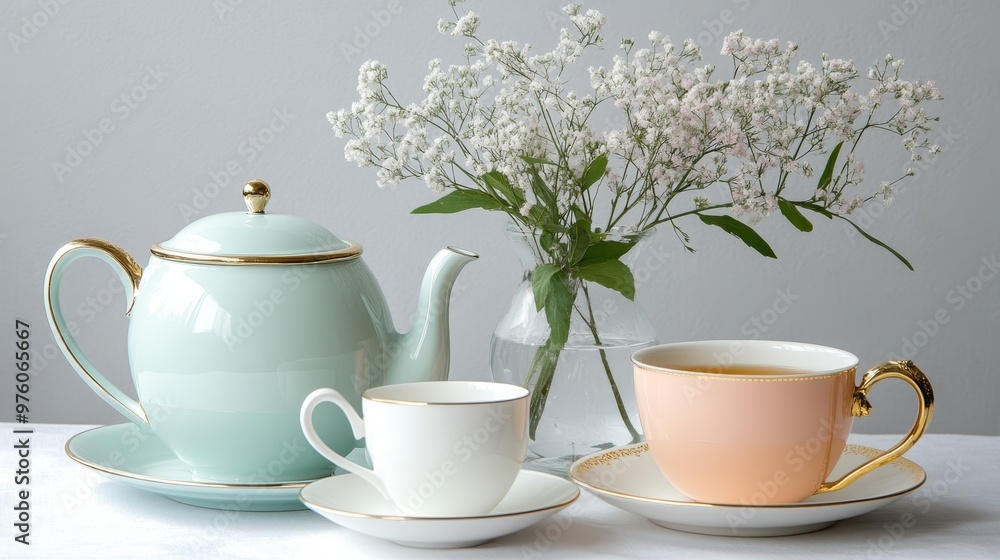 A charming pastel tea set arranged on a table, perfect for a relaxing afternoon tea. This delicate set includes a teapot, teacup, and saucer, all in soft pastel colors. The set is adorned with delic A charming pastel tea set arranged on a table, perfect for a relaxing afternoon tea. This delicate set includes a teapot, teacup, and saucer, all in soft pastel colors. The set is adorned with delic