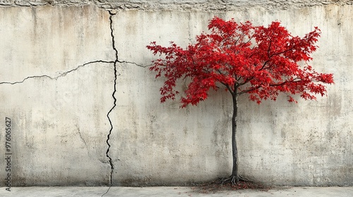 A solitary red tree grows beside a cracked concrete wall, symbolizing resilience and beauty in harsh environments.