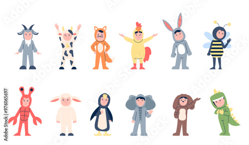 Animal masquerade costumes. Children in amigurumi costume, pajama party little characters. Elephant penguin bunny cow chicken, recent vector set