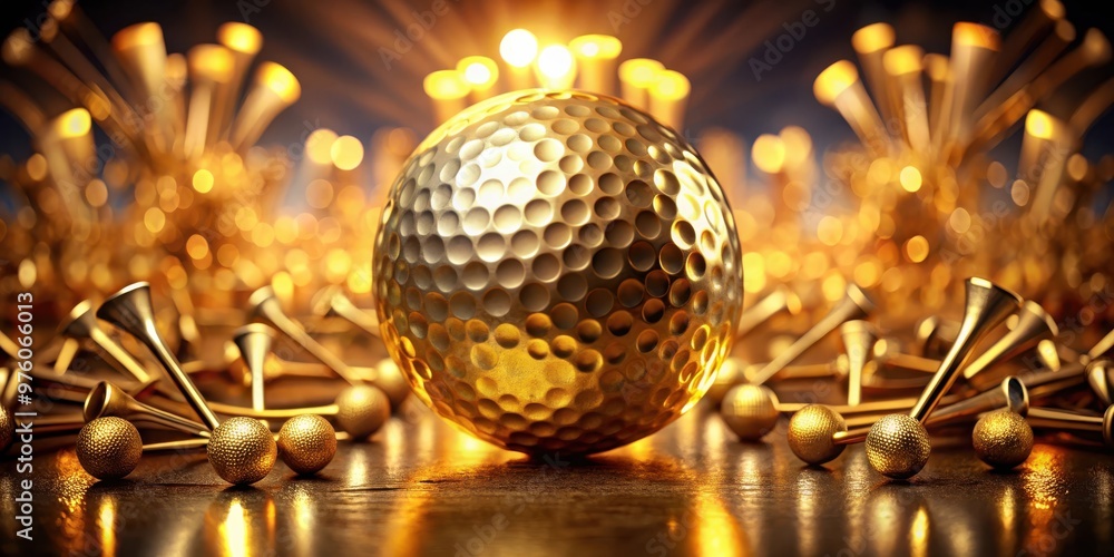 Obraz premium Bright and luxurious gold golf ball and pins illuminated by a radiant light symbolizing the ultimate victory in golf