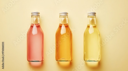 Wallpaper Mural Vibrant Glass Bottles Arrangement on Pale Yellow Background, Top View Minimalist Design with Colorful Liquids - Beverage and Kitchen Essentials Concept Torontodigital.ca