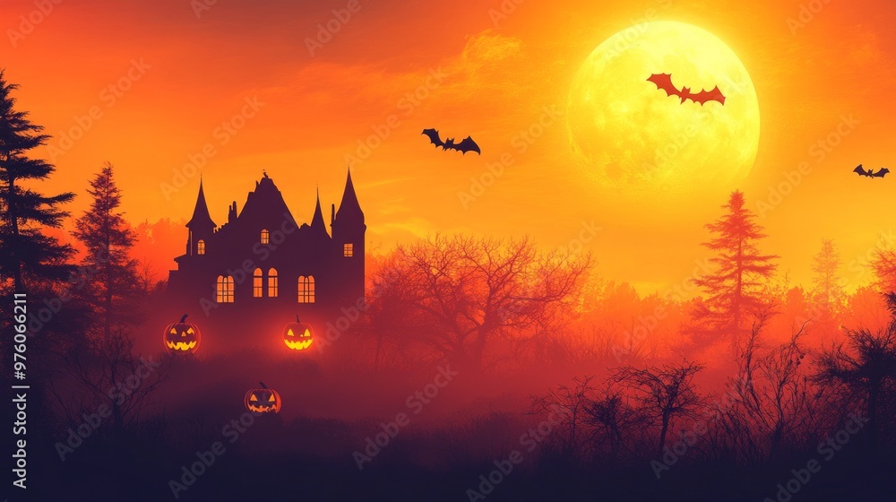 Spooky silhouette of a castle with glowing jack-o'-lanterns against a full moon. Spooky silhouette of a castle with glowing jack-o'-lanterns against a full moon.