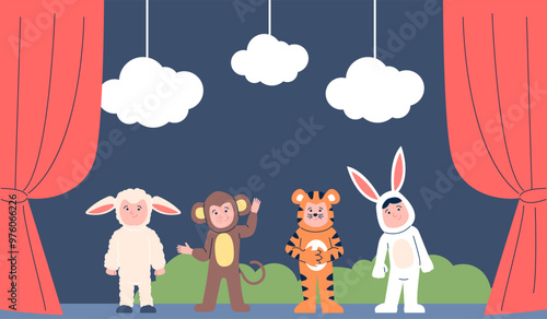 Kids theater scene. Cute children in animal costumes, childish theatre performance. Toddlers actors on stage with curtains, recent vector scene