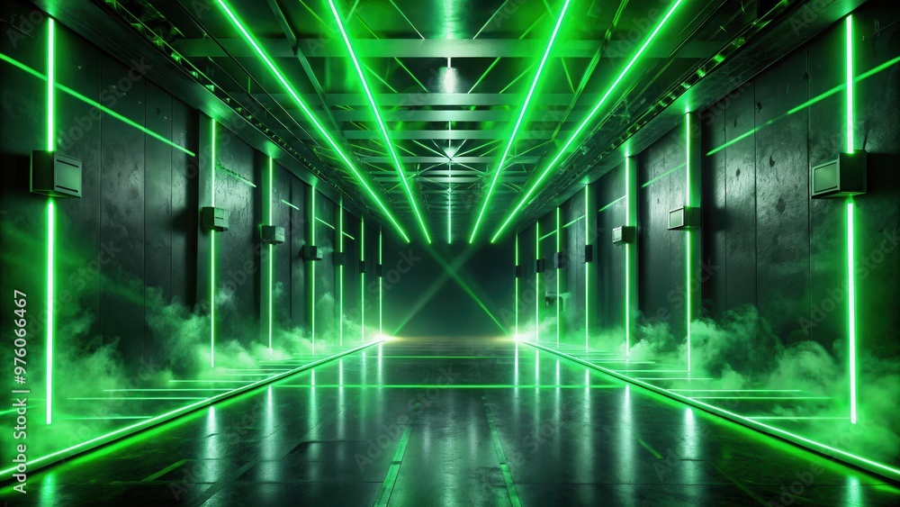 Dark room with neon green lights, laser beams, and smoke creating a futuristic ambiance Dark room with neon green lights, laser beams, and smoke creating a futuristic ambiance