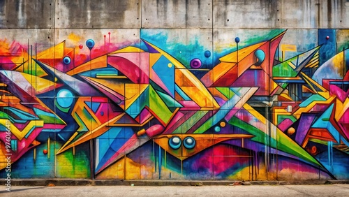 Abstract urban graffiti art on a concrete wall with vibrant colors and geometric shapes
