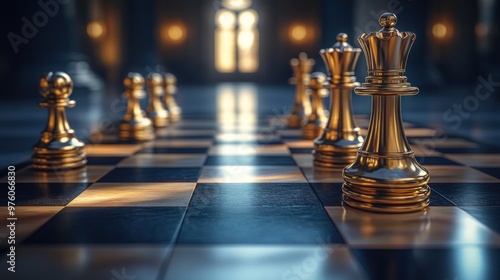 A chessboard with golden chess pieces in key positions symbolizes strategic planning for business success, with soft lighting enhancing focus.