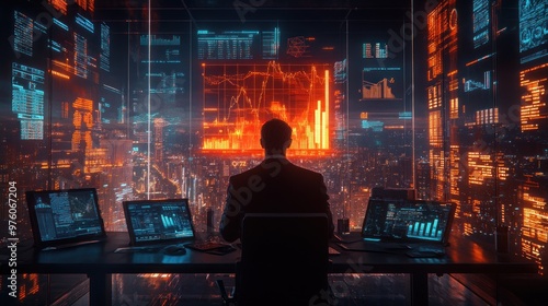 Wallpaper Mural A businessman reviews holographic financial charts in a futuristic office, symbolizing forward-thinking business strategies, with neon lights adding a high-tech feel. Torontodigital.ca