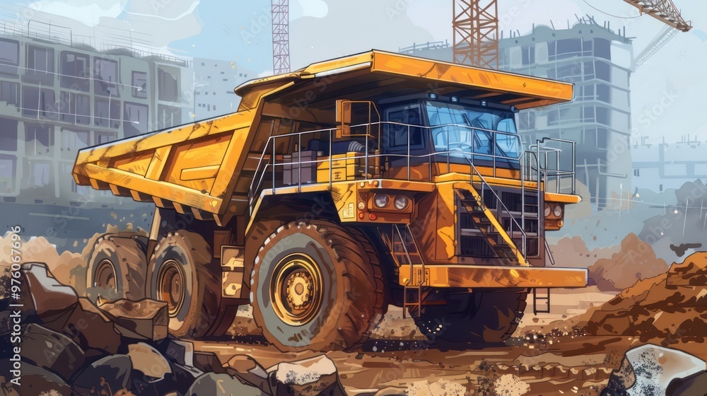 Fototapeta premium Construction Site with a Yellow Dump Truck