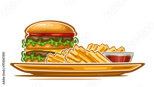 Vector Fast Food illustration, horizontal poster with cartoon design composition of big burger, golden roasted french fries and dip bowl on dish, decorative placard for fast food on white background