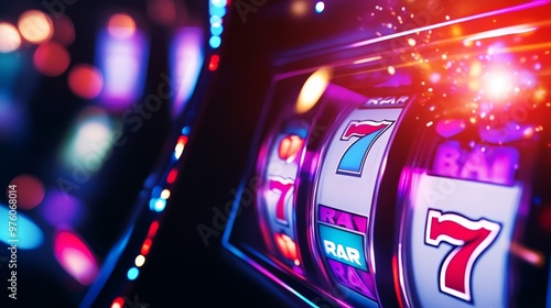 A close-up shot of a slot machine with the reels stopped on a winning combination of sevens, glowing with excitement and a burst of light. The machine is set against a blurred background of casino lig