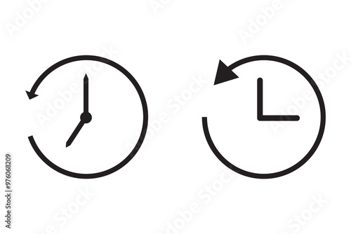 History past events vector icon set. Account history icons. Clock go back in time. Circle past time backward arrow black. Clock, time icons. Vector illustration