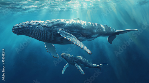 Humpback Whale and Calf Swimming in Ocean